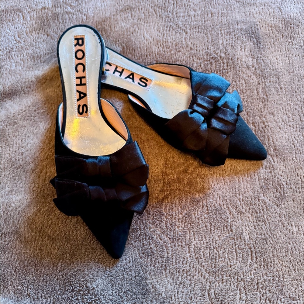 Rochas Black suede w/ Satin Bow Mules size 10, 40